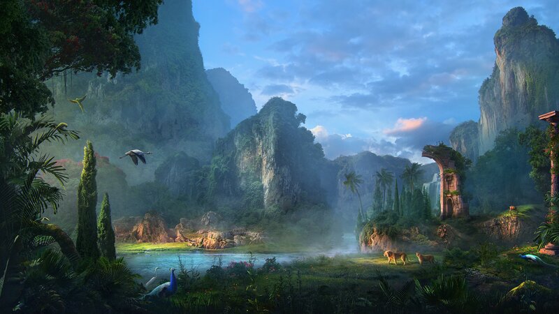 Ancient Ruins in Jungle — Green, Serene, Morning, Digital Art, Lions