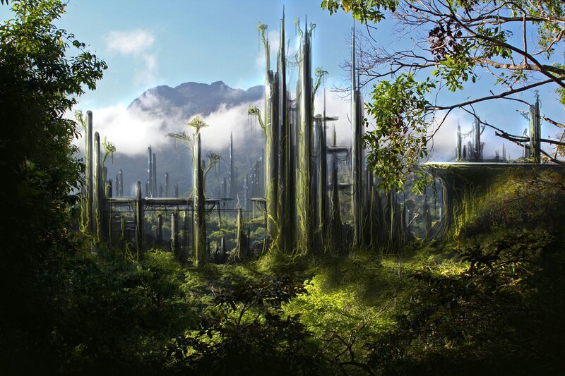 Ancient Ruins in Jungle — Green, Serene, Morning, Digital Art, Mountain