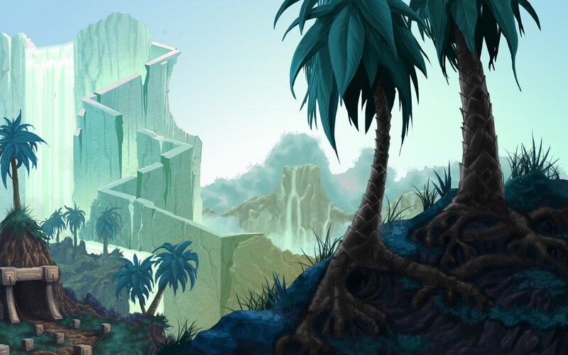 Ancient Ruins in Jungle — Green, Serene, Morning, Digital Art, Palm Trees