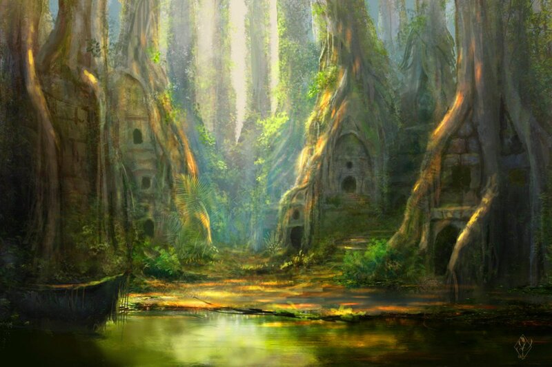 Ancient Ruins in Jungle — Green, Serene, Morning, Digital Art, River