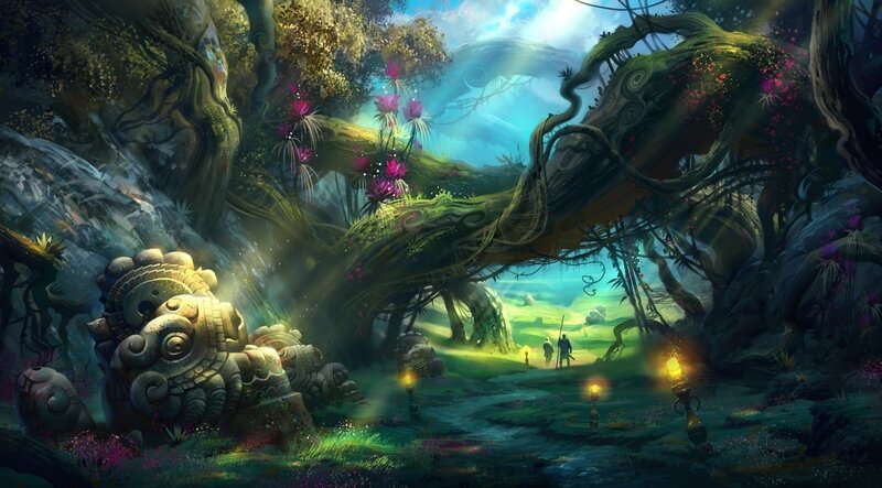 Ancient Ruins in Jungle — Green, Serene, Morning, Digital Art, Statues