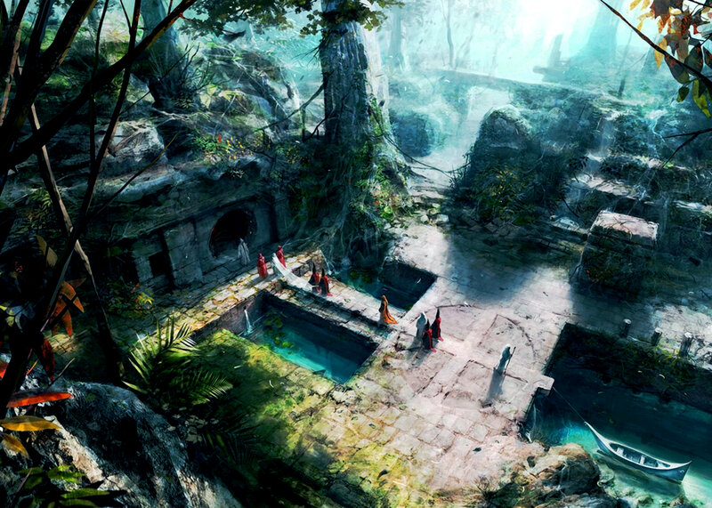 Ancient Ruins in Jungle — Green, Serene, Morning, Digital Art