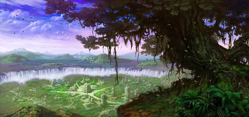 Ancient Ruins in Jungle — Green, Serene, Morning, Digital Art, Waterfall