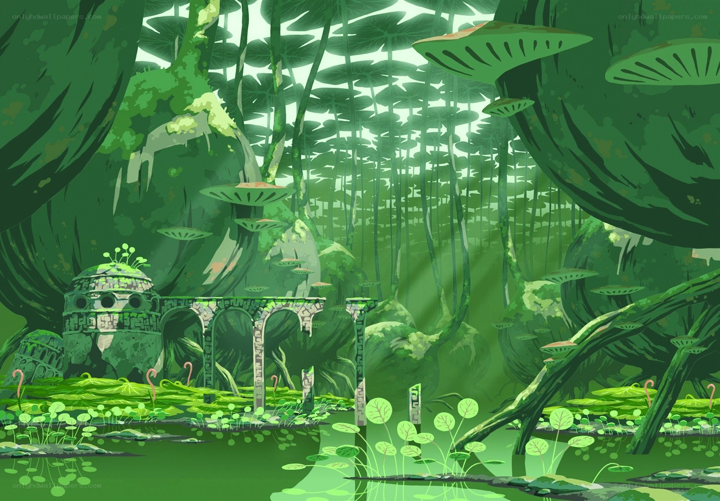 ancient ruins in lush jungle