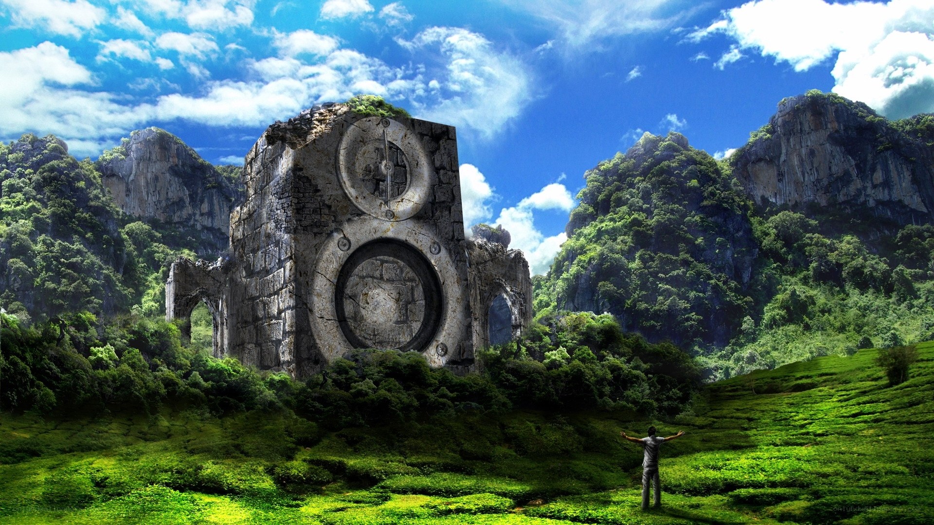 ancient ruins in lush valley