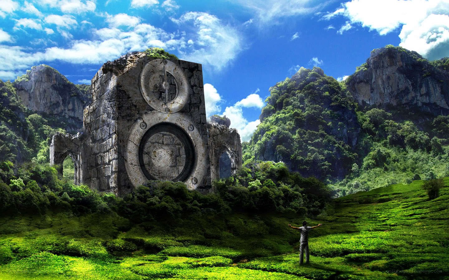 ancient ruins in lush valley