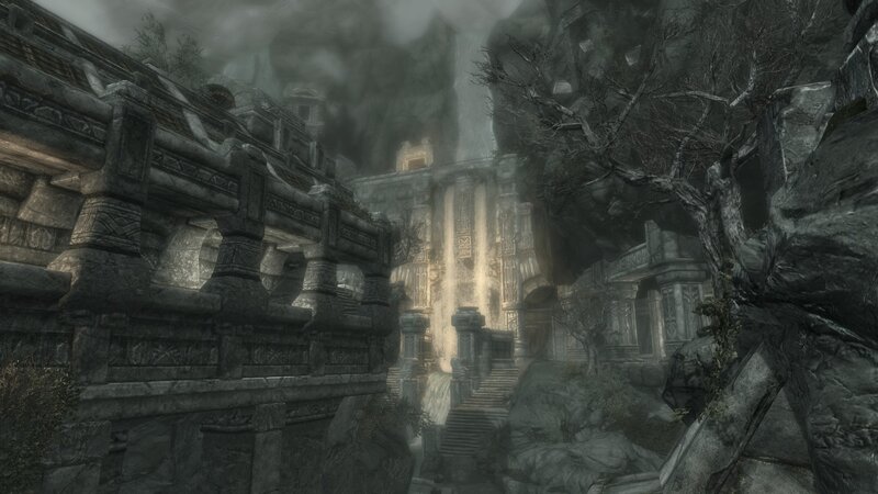 ancient ruins in misty valley