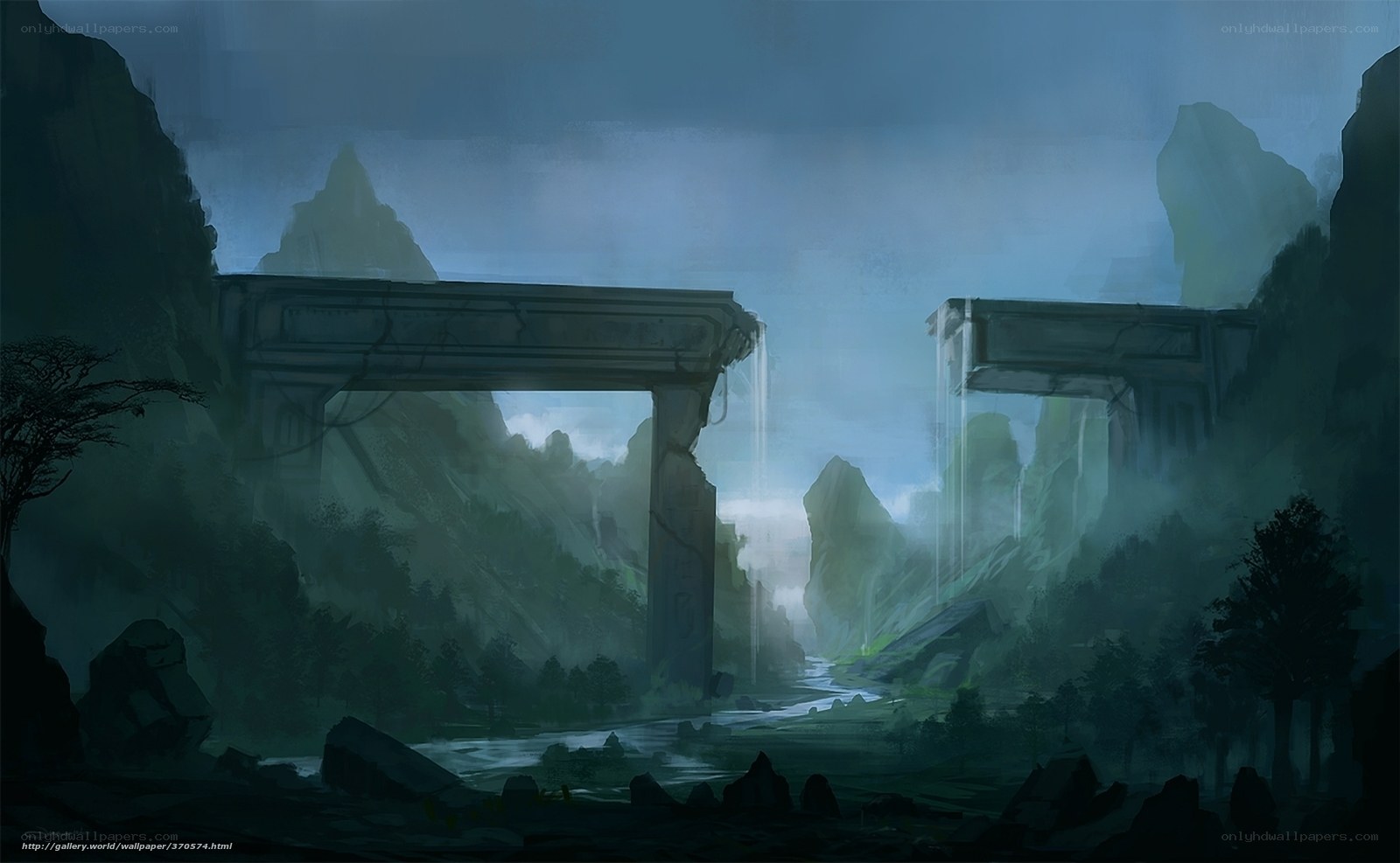 ancient ruins in misty valley