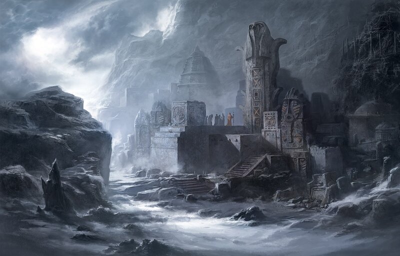 Ancient Ruins in Mountains — Gray, Dramatic, Digital Art