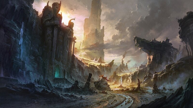 Ancient Ruins Landscape — Gray, Dramatic, Sunset