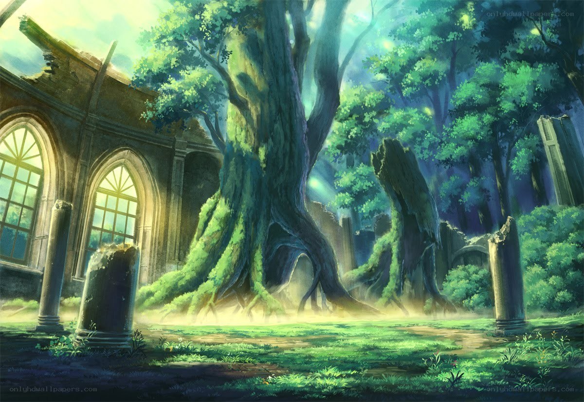 Ancient ruins overgrown by trees
