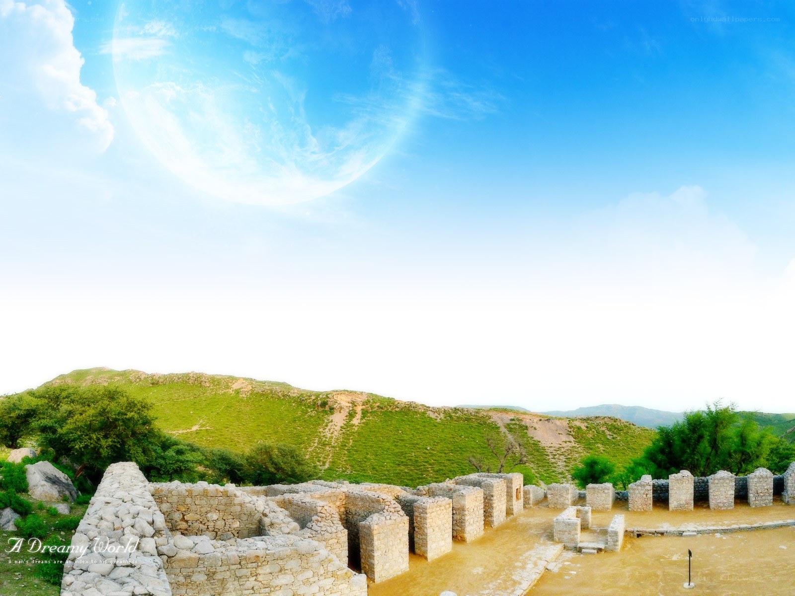 Ancient ruins under a dreamy sky