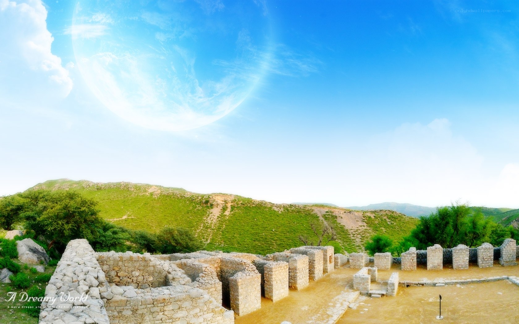 Ancient ruins under a dreamy sky