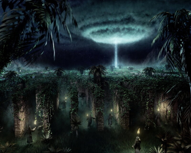 ancient ruins under alien light