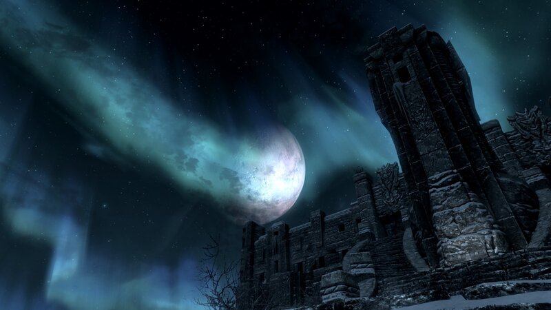 ancient ruins under aurora