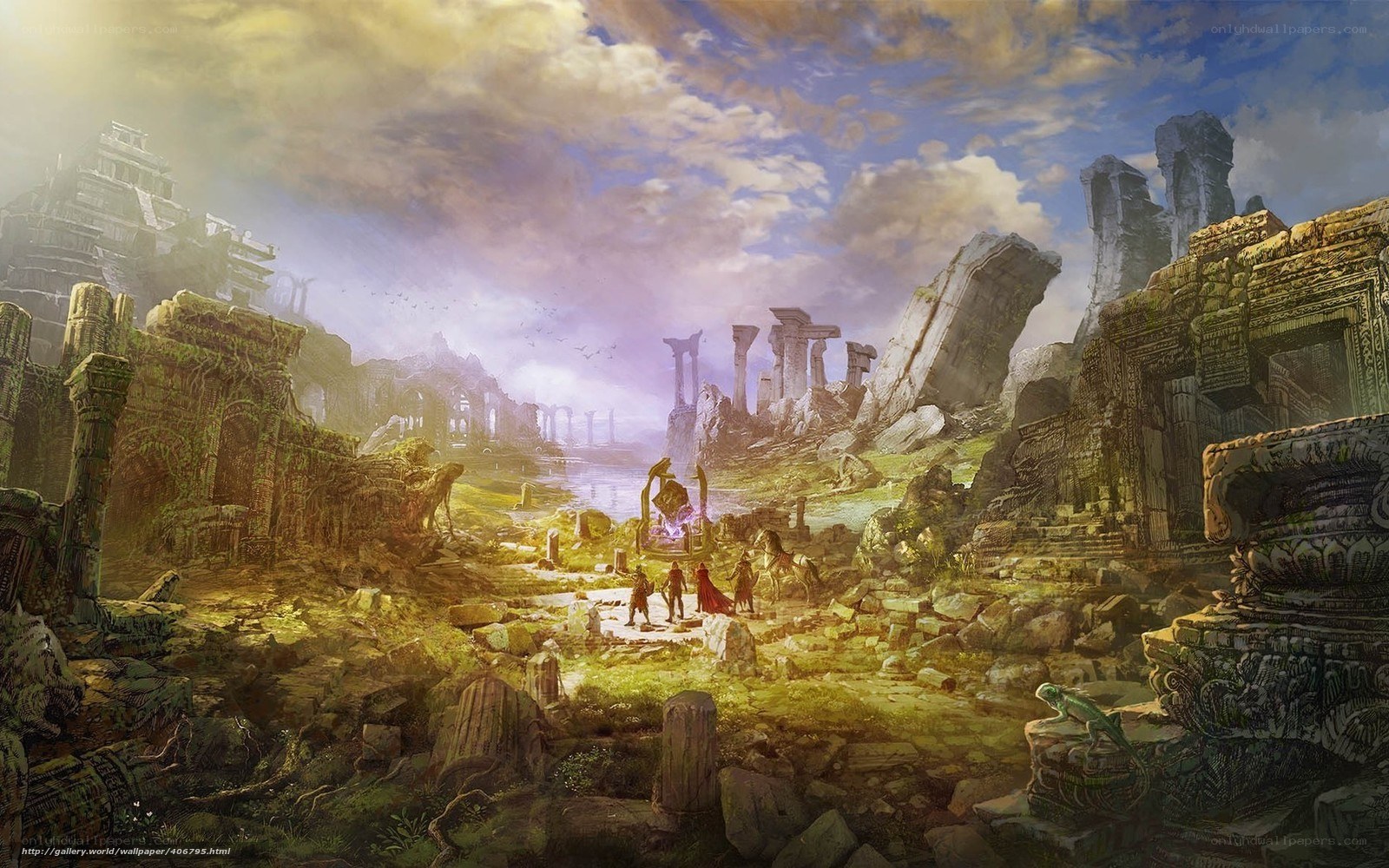 ancient ruins under golden sky