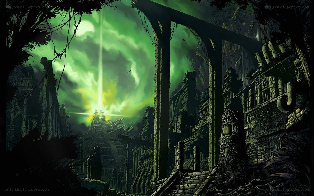 ancient ruins under green sky