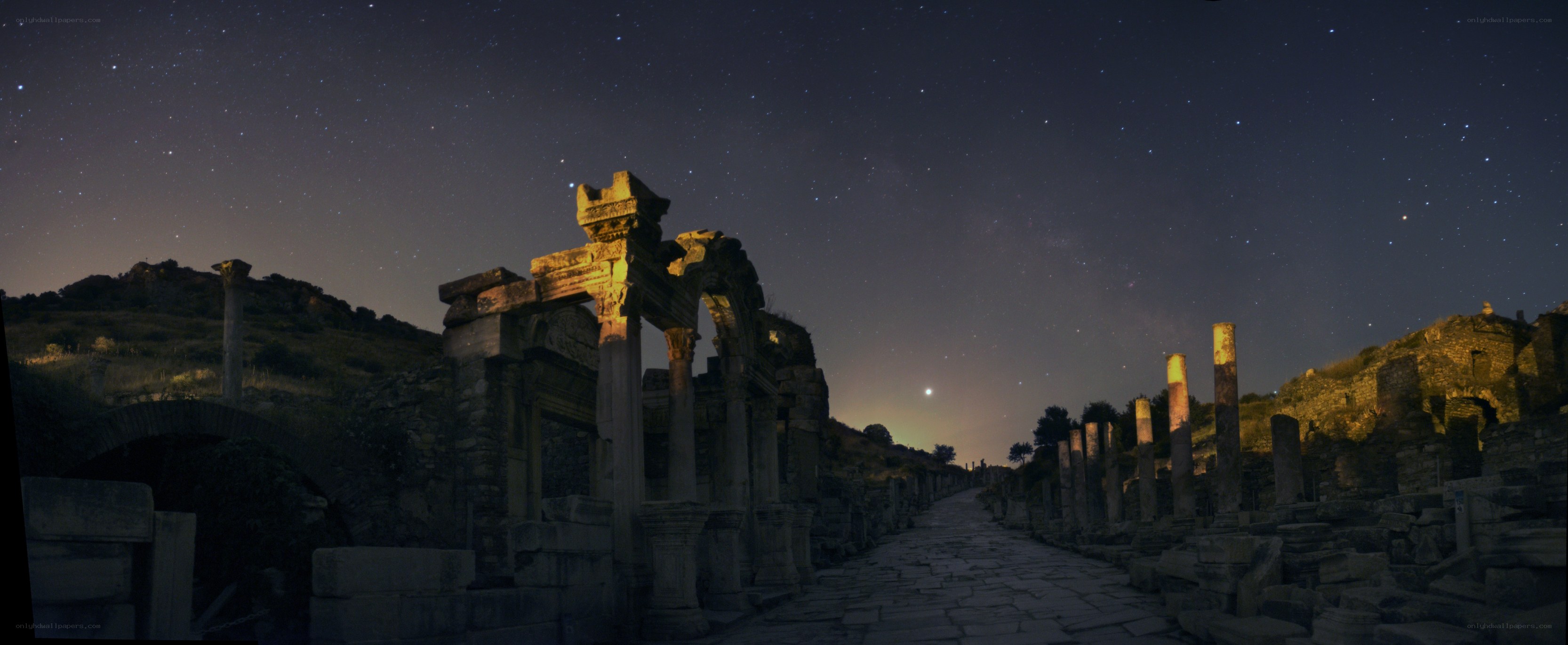 ancient ruins under starry sky