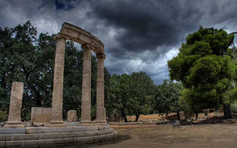 Ancient ruins under stormy sky