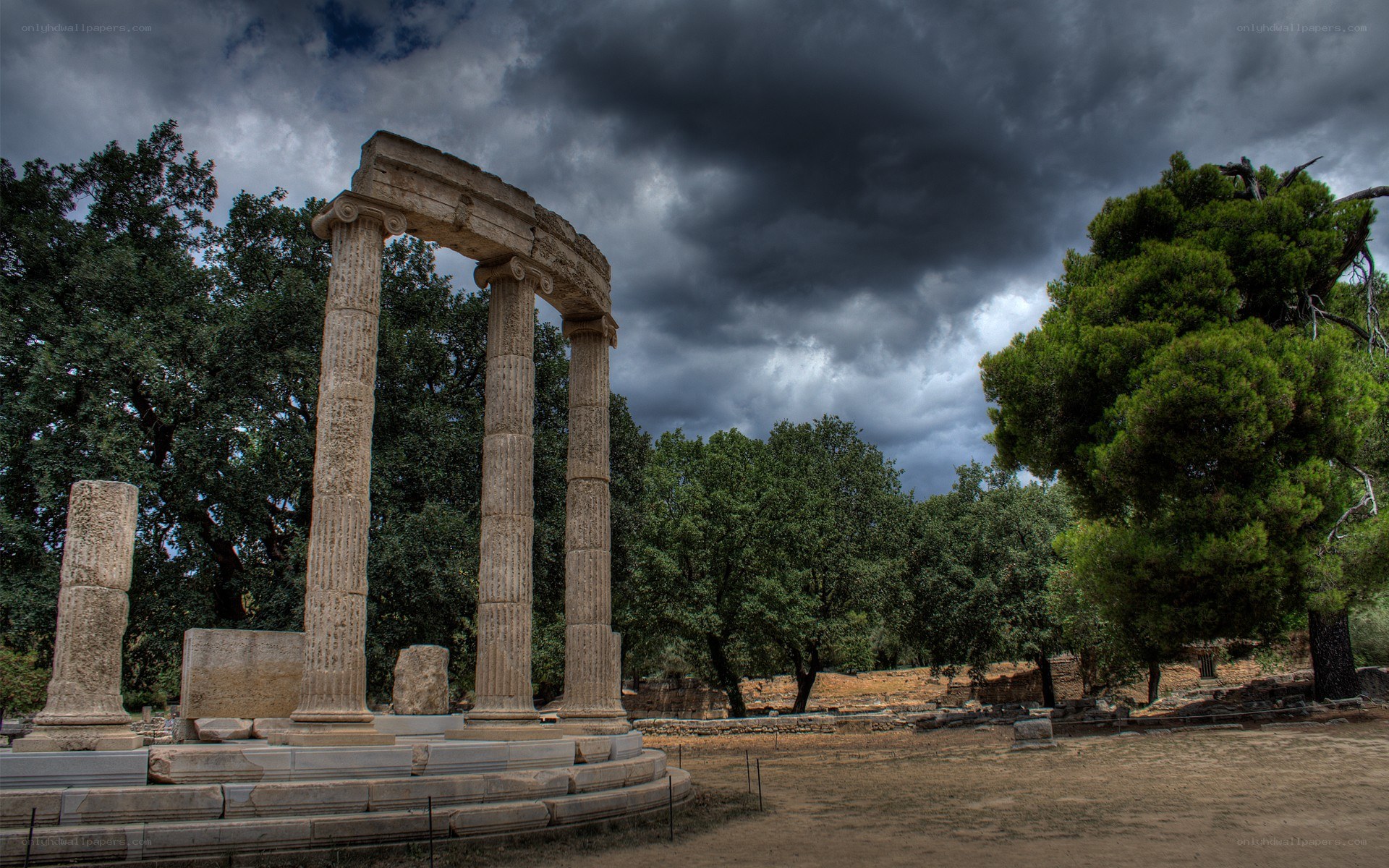 Ancient ruins under stormy sky