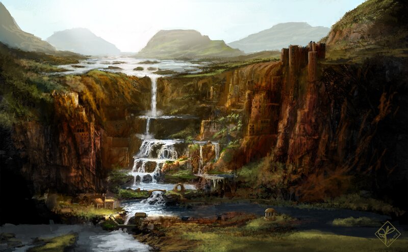 Ancient Ruins Waterfall — Brown, Serene, Afternoon