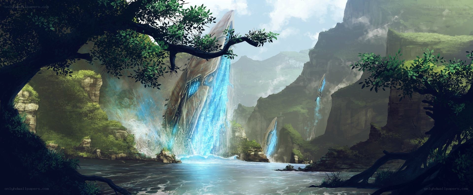 ancient ruins waterfall landscape