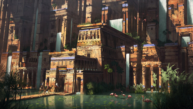 Ancient Ruins with Flamingos