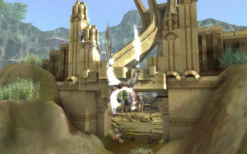 ancient ruins with flying creature
