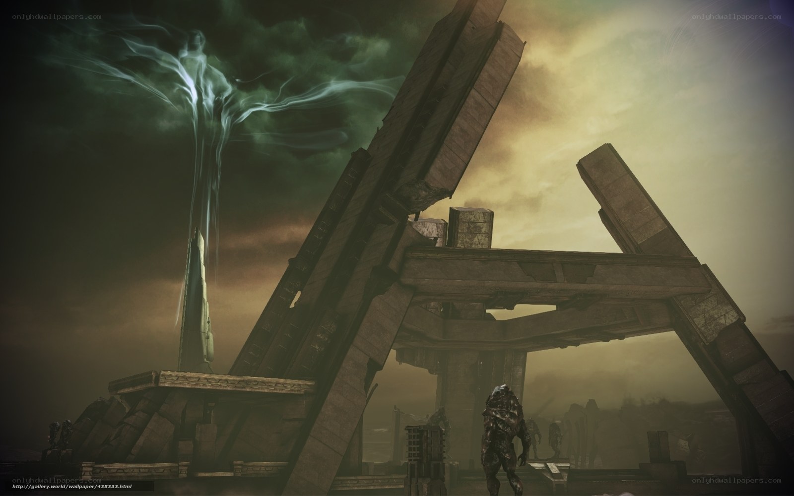 ancient ruins with glowing spirit