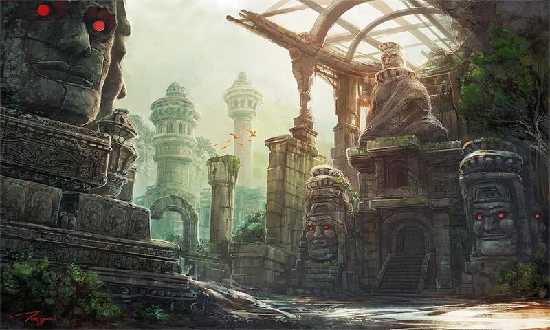ancient ruins with glowing statues