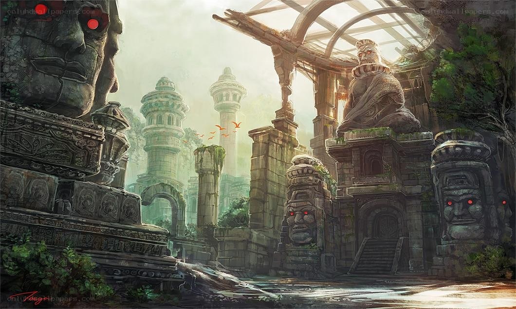 ancient ruins with glowing statues