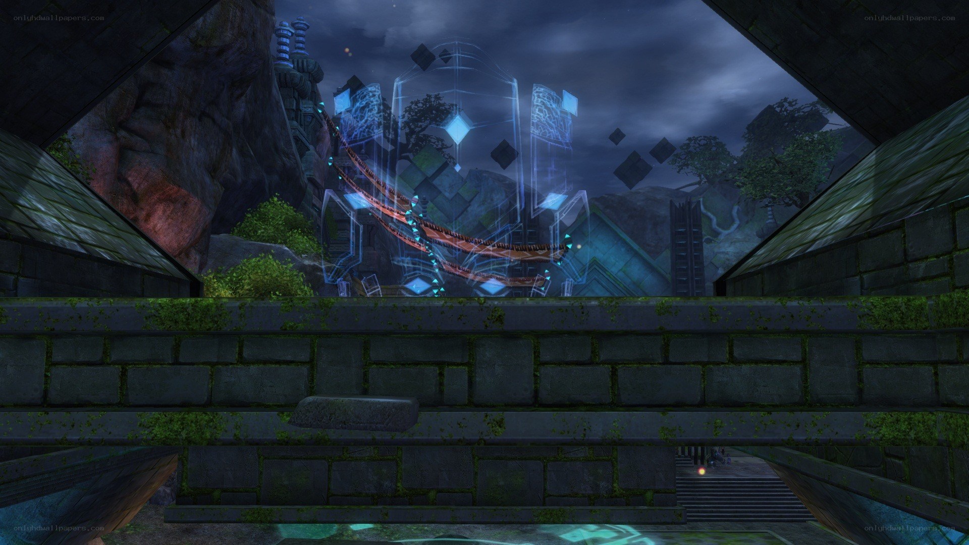 ancient ruins with holographic display