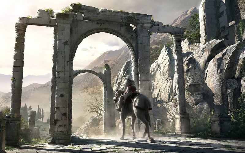 Ancient ruins with horse and rider