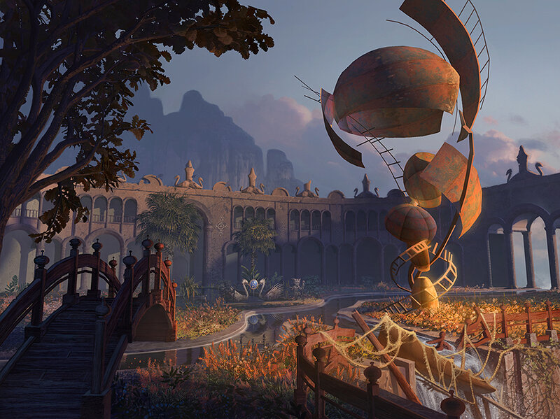 ancient ruins with mechanical sphere