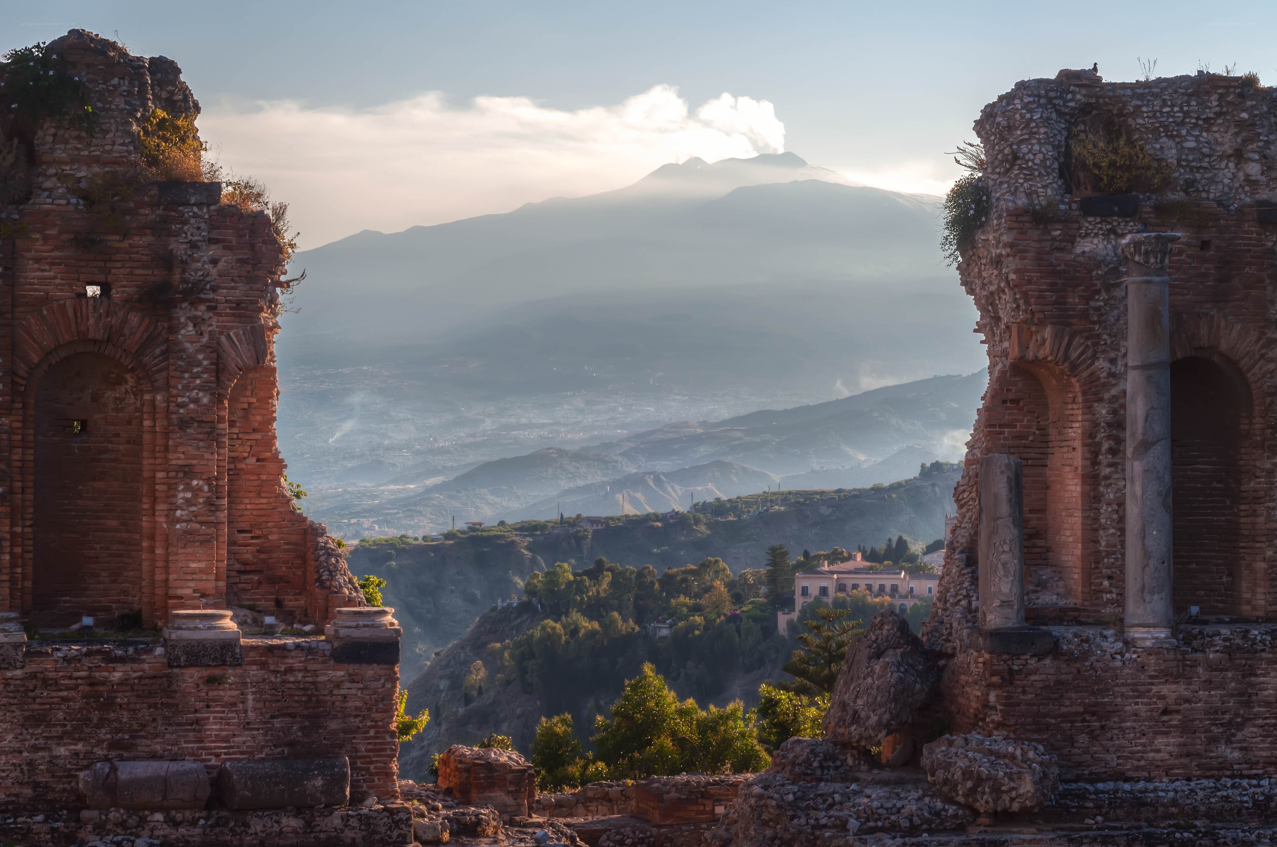 Ancient ruins with Mount Etna view