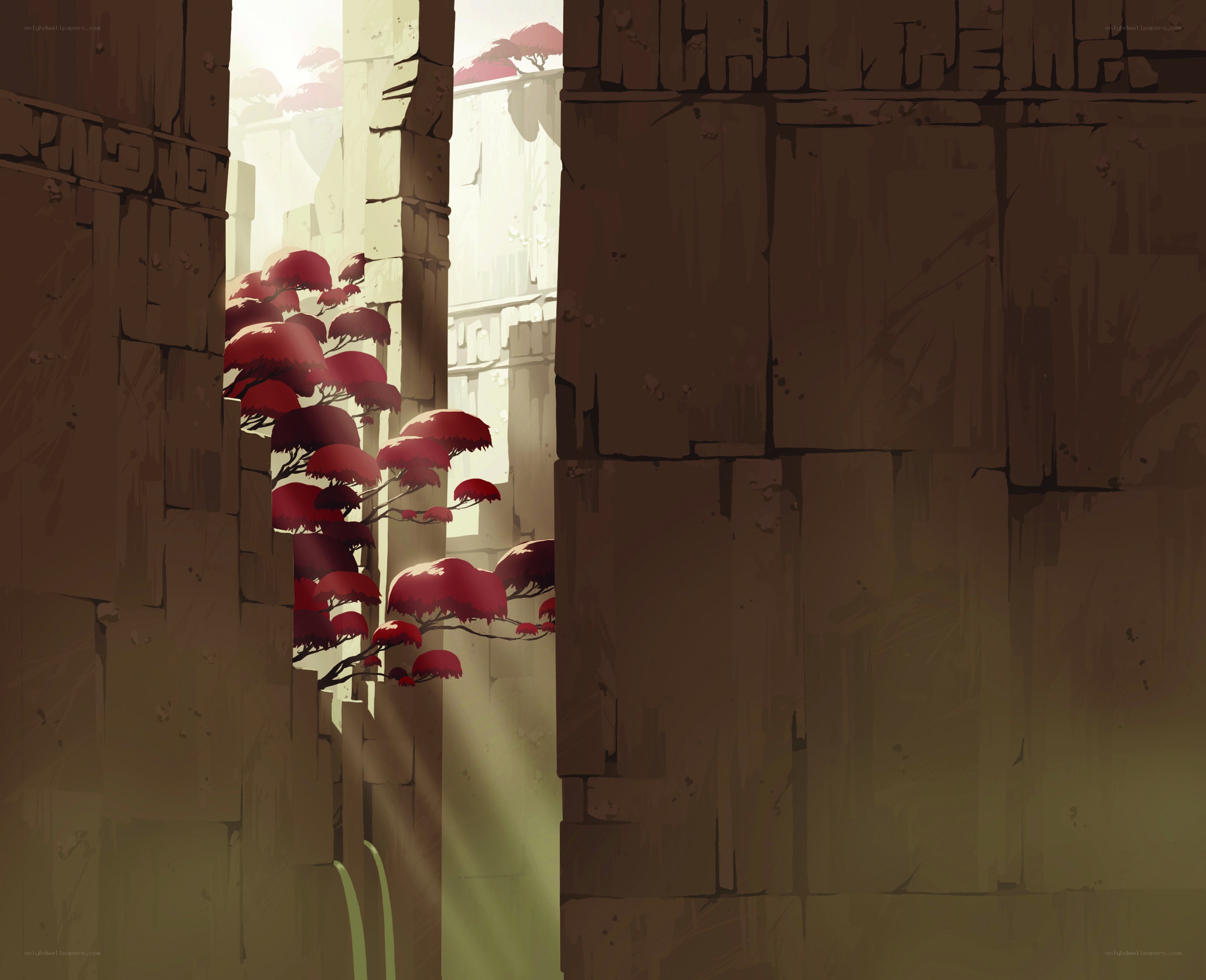 ancient ruins with red plants