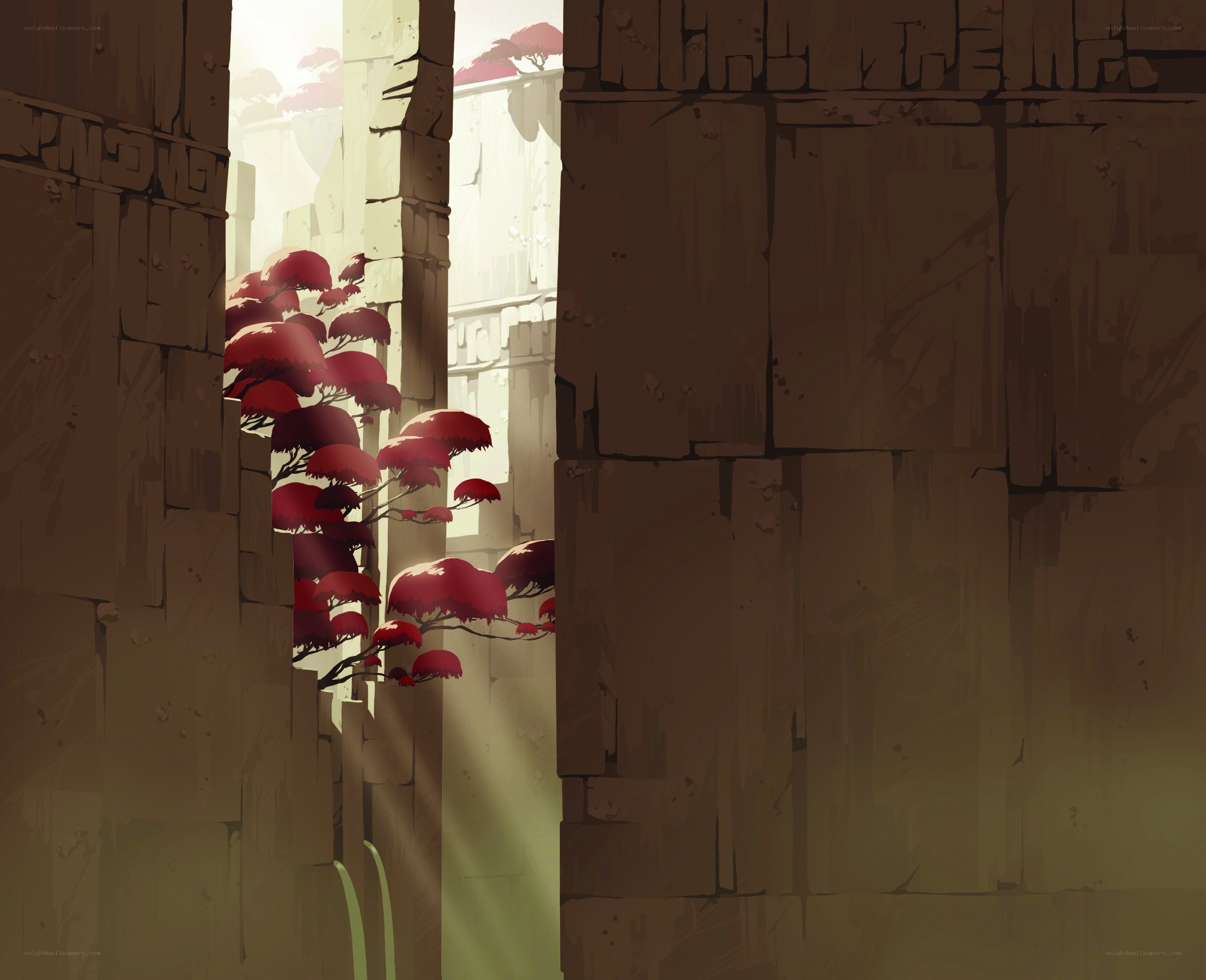 ancient ruins with red plants