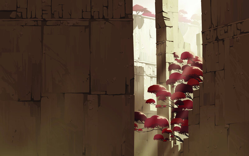 ancient ruins with red trees