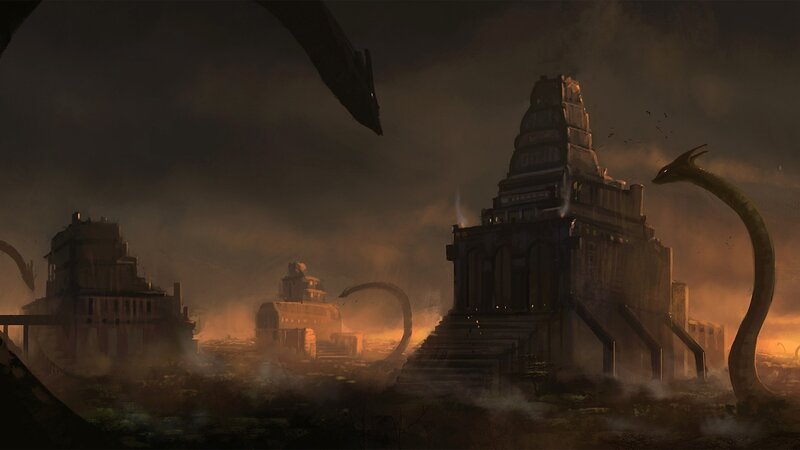 ancient ruins with serpentine creatures