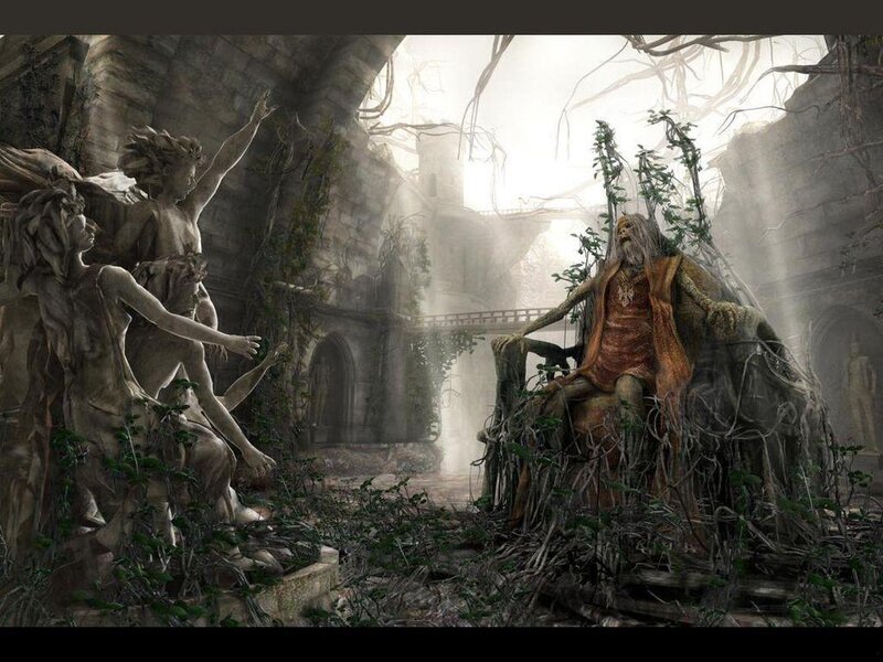 ancient ruins with statues and figure