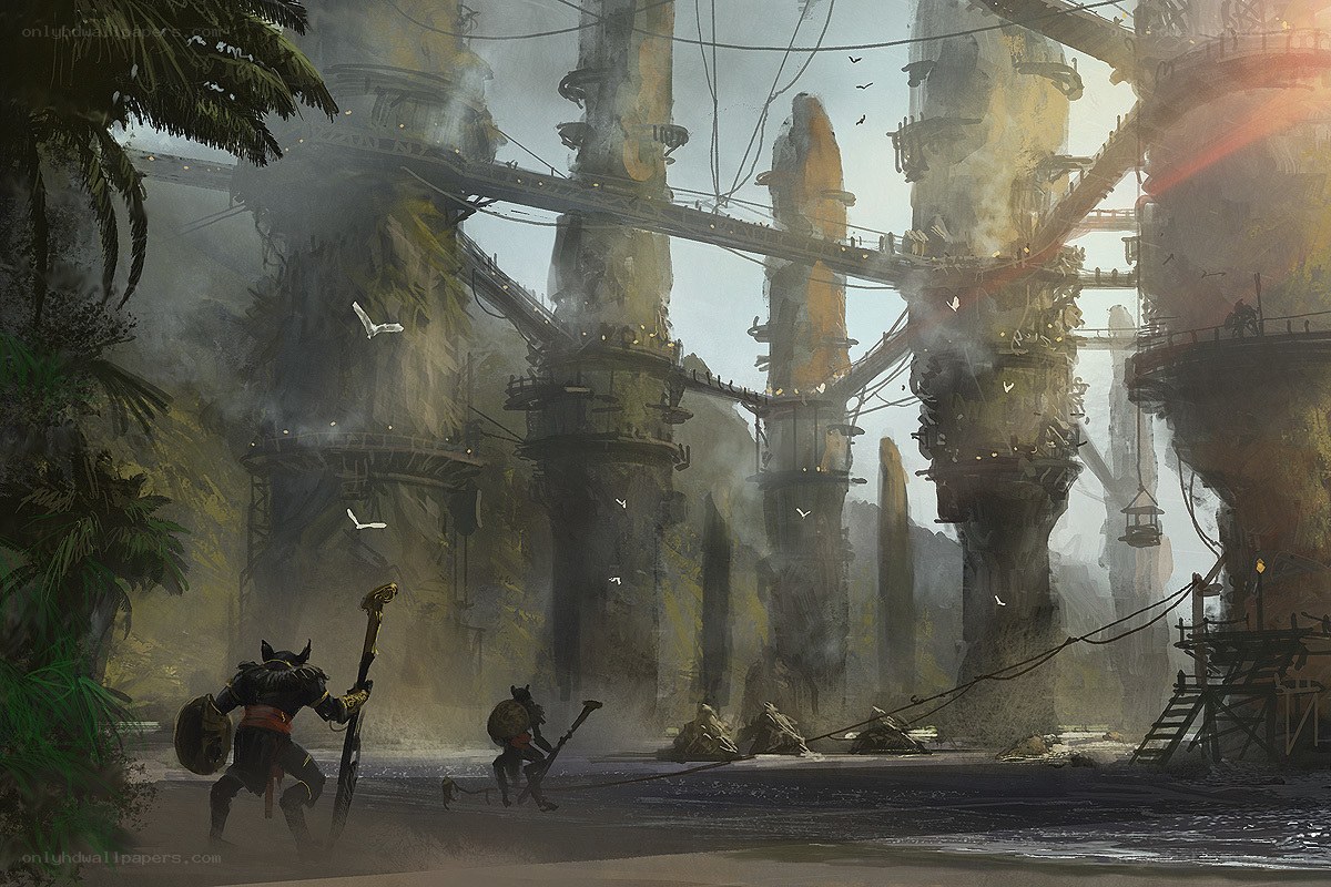 ancient ruins with warriors