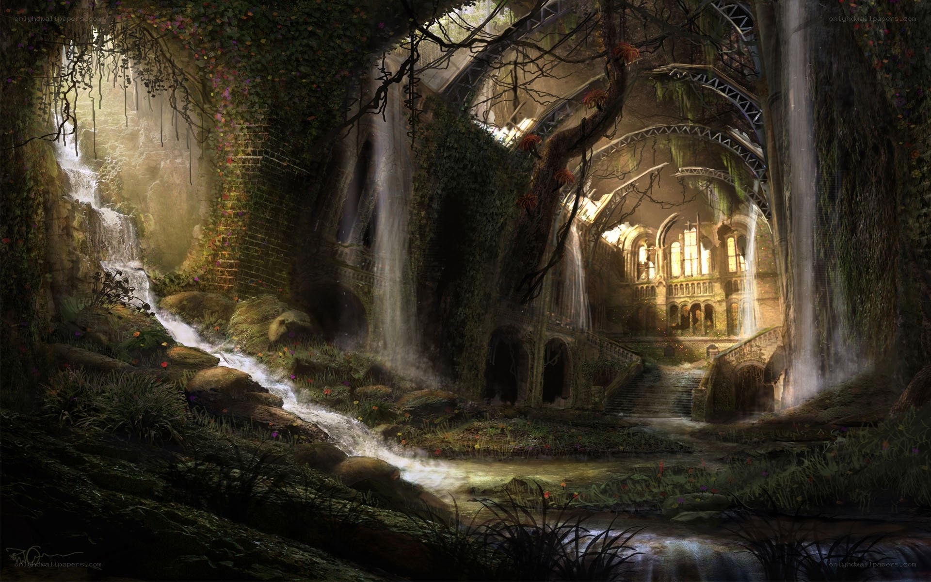ancient ruins with waterfall