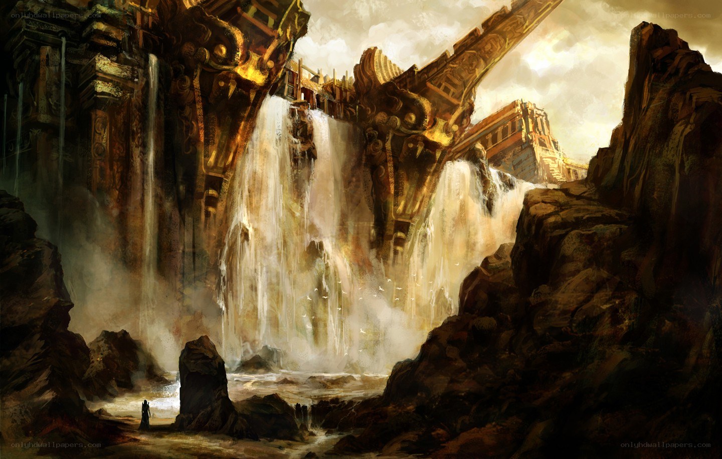 ancient ruins with waterfall