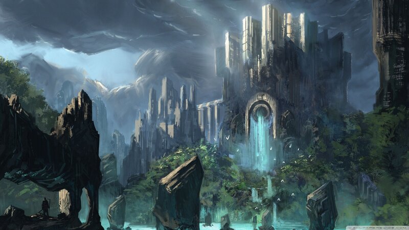 Ancient Ruins with Waterfall — Green, Dramatic