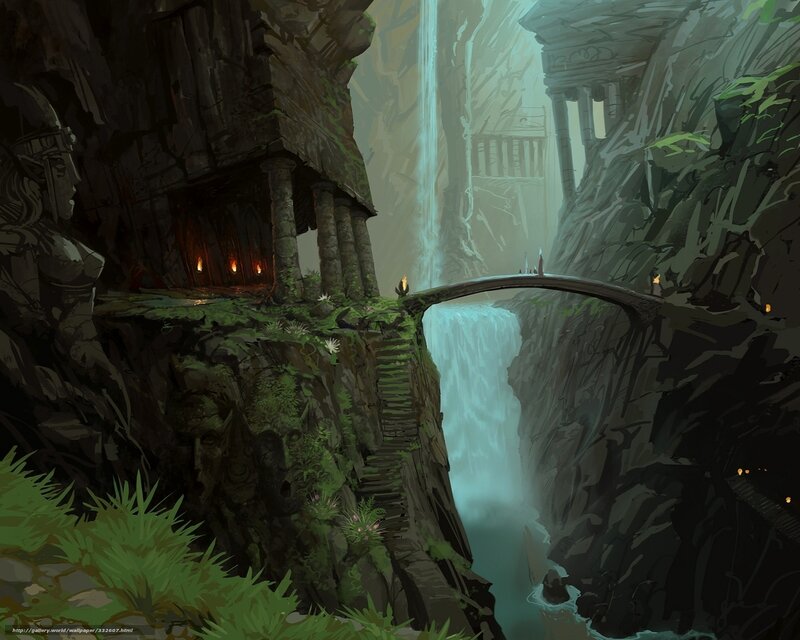 Ancient Ruins with Waterfall — Green, Mysterious