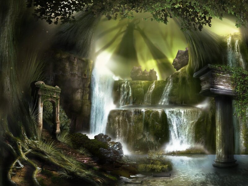 Ancient Ruins with Waterfall — Green