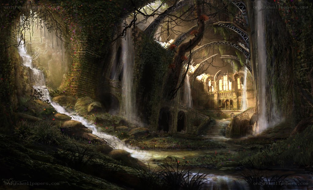 ancient ruins with waterfall