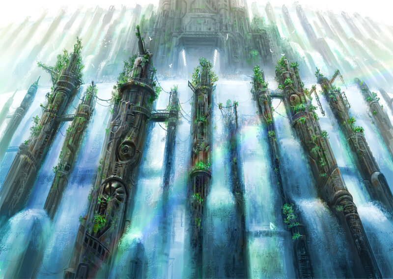 ancient ruins with waterfalls