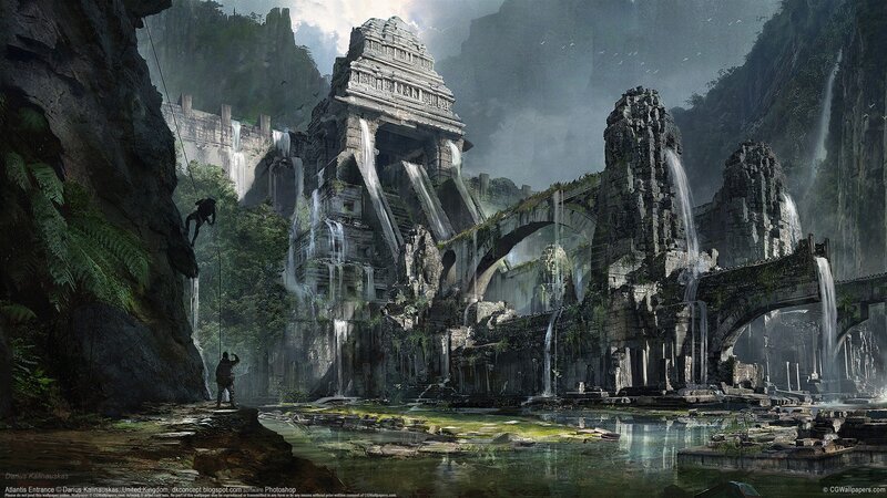 Ancient Ruins with Waterfalls — Gray