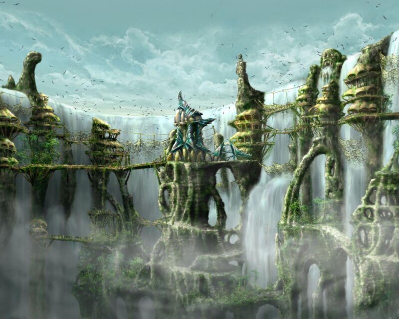Ancient Ruins with Waterfalls — Green